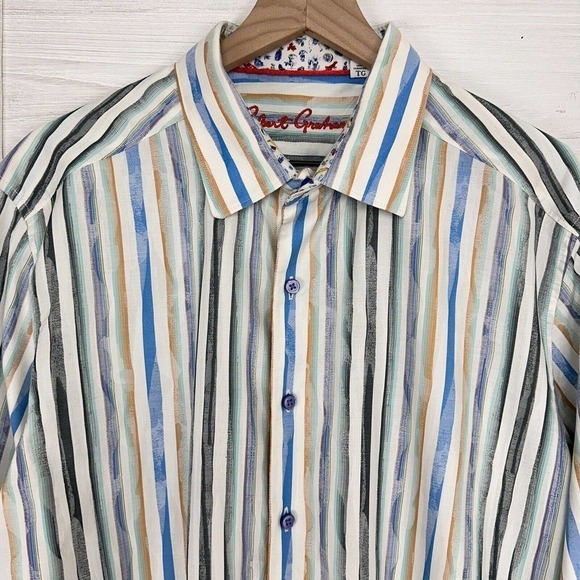 Robert Graham Mens Button Up Shirt XL Flip Cuff Striped Blue White Long Sleeves - Picture 2 of 15